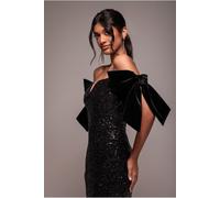 Goddiva Sequin Off The Shoulder Velvet Bow Midi Dress - Black by Goddiva - Black - 14