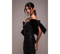 Goddiva Sequin Off The Shoulder Velvet Bow Midi Dress In Black Black