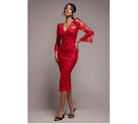 Goddiva Sequin Scallop Lace Midi Dress - Red by Goddiva - Red - 8