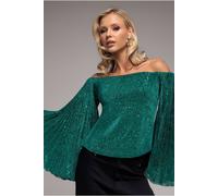 Goddiva Sequin Sparkling Bardot Pleated Sleeve Top In Blue Blue 8