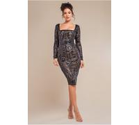 Goddiva Sequin Square Neck Bodycon Midi Dress With Scalloped Hem - Black by Goddiva - Black - 10