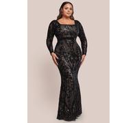 Goddiva Sequin Square Neck Maxi With Scallop Hem In Black Black 18