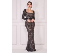 Goddiva Sequin Square Neck Maxi With Scallop Hem In Black Black 8