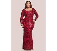 Goddiva Sequin Square Neck Maxi With Scallop Hem In Red Red