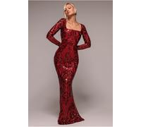 Goddiva Sequin Square Neck Maxi With Scallop Hem - Red by Goddiva - Red - 16