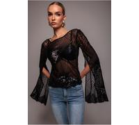 Goddiva Sequin Starburst Cape Sleeve Top - Black by Goddiva - Black - 16