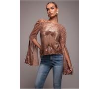 Goddiva Sequin Starburst Cape Sleeve Top - Champagne by Goddiva - Champagne - 18