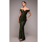 Goddiva Sequin Velvet Bardot Evening Maxi Dress In Olive Olive