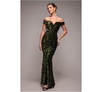 Goddiva Sequin Velvet Bardot Evening Maxi Dress - Olive Green by Goddiva - Olive - 16