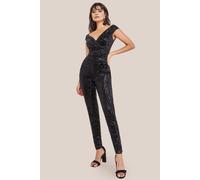 Goddiva Sequin Velvet Bardot Jumpsuit - Black by Goddiva - Black - 16