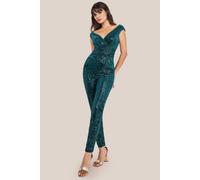 Goddiva Sequin Velvet Bardot Jumpsuit - Emerald Green by Goddiva - Emerald - 8