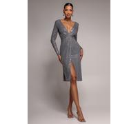 Goddiva Sequined Lurex Long Sleeve Wrap Midi Dress - Silver by Goddiva - Silver - 12