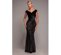 Goddiva Shimmer Velvet Bardot Maxi Dress - Black Gold by Goddiva - Black Gold - 18