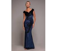 Goddiva Shimmer Velvet Bardot Maxi Dress In Navy Navy