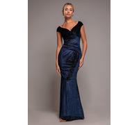 Goddiva Shimmer Velvet Bardot Maxi Dress - Navy by Goddiva - Navy - 12