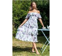 Goddiva Shirred Chiffon Floral Bardot Midi Dress - Multi by Goddiva - Multi - 10