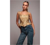 Goddiva Sleeveless Jacquard Lace Up Back Corset - Gold by Goddiva - Gold - 16