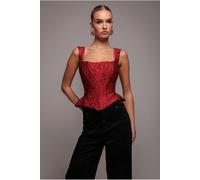 Goddiva Sleeveless Jacquard Lace Up Back Corset - Red by Goddiva - Red - 8