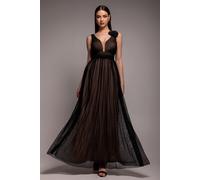 Goddiva Sleeveless Pleated Dobby Mesh Corsage Maxi Dress - Black by Goddiva - Black - 14