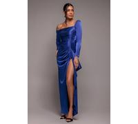 Goddiva Slinky Satin One Shoulder Split Maxi Dress In Cobalt Cobalt