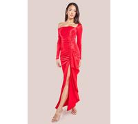 Goddiva Slinky Satin One Shoulder Split Maxi Dress In Red Red 16
