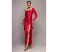 Goddiva Slinky Satin One Shoulder Split Maxi Dress In Red Red