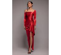 Goddiva Slinky Satin One Shoulder Split Maxi Dress In Red Red
