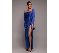 Goddiva Slinky Satin One Shoulder Split Maxi Dress - Royal Blue by Goddiva - Royal Blue - 16