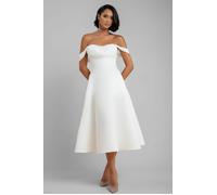 Goddiva Sparkle Chiffon Cowl Bardot Skater Midi Dress - Cream by Goddiva - Cream - 12