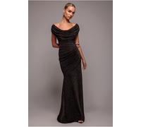 Goddiva Sparkle Lurex Cowl Neck Off The Shoulder Maxi Dress - Black Gold by Goddiva - Black Gold - 18