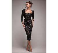 Goddiva Square Neck Scalloped Embroidered Sequin Midi Dress - Black by Goddiva - Black - 8