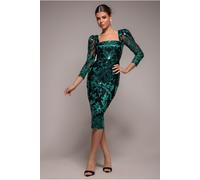 Goddiva Square Neck Scalloped Embroidered Sequin Midi Dress - Emerald Green by Goddiva - Emerald - 16