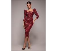 Goddiva Square Neck Scalloped Embroidered Sequin Midi Dress - Wine by Goddiva - Wine - 10