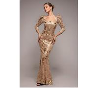 Goddiva Square Neck Scalloped Lace Maxi - Champagne by Goddiva - Champagne - 8