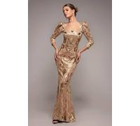 Goddiva Square Neck Scalloped Lace Maxi In Medium Beige Medium Beige