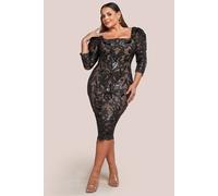 Goddiva Square Neck Scalloped Lace Midi Dress In Black Black 26