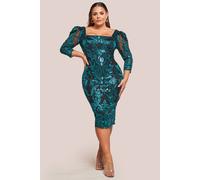 Goddiva Square Neck Scalloped Lace Midi Dress In Emerald Emerald
