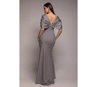 Goddiva Stripe Off Shoulder Bow Back Satin Bow Maxi Dress - Black White by Goddiva - Black White - 14