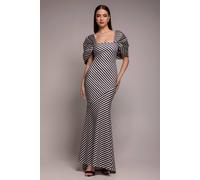 Goddiva Stripe Off Shoulder Bow Back Satin Bow Maxi Dress Multi