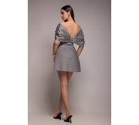 Goddiva Stripe Off Shoulder Bow Back Satin Bow Mini Dress - Black White by Goddiva - Black White - 8