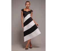 Goddiva Striped Contrast Asymmetric Midi Dress - Black Cream by Goddiva - Black Cream - 18
