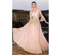 Goddiva Sunray Hand Embellished Sequin A-Line Bell Sleeve Maxi Dress - Champagne by Goddiva - Champagne - 12