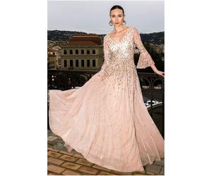 Goddiva Sunray Hand Embellished Sequin A-Line Bell Sleeve Maxi Dress - Champagne by Goddiva - Champagne - 10