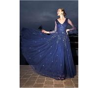 Goddiva Sunray Hand Embellished Sequin A-Line Bell Sleeve Maxi Dress - Navy Blue by Goddiva - Navy Blue - 12