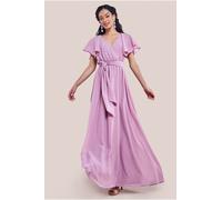 Goddiva Sustainable Chiffon Flutter Sleeve Wrap Maxi Dress - Lavender by Goddiva - Lavender - 6