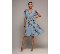 Goddiva Sustainable Floral Print Midi Wrap Dress With Flutter Sleeves - Airforce Blue by Goddiva - Airforce Blue - 16