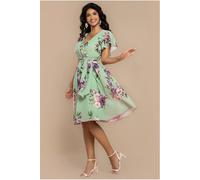 Goddiva Sustainable Floral Print Midi Wrap Dress With Flutter Sleeves - Duck Egg by Goddiva - Duckegg - 8