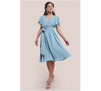 Goddiva Sustainable Flutter Sleeve Chiffon Wrap Midi Dress - Sage Green by Goddiva - Sage Green - 12