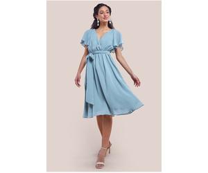 Goddiva Sustainable Flutter Sleeve Chiffon Wrap Midi Dress - Sage Green by Goddiva - Sage Green - 16