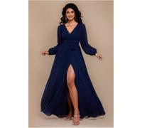 Goddiva Sustainable Front Split Wrap Style Chiffon Maxi Dress - Navy Blue by Goddiva - Navy - 14